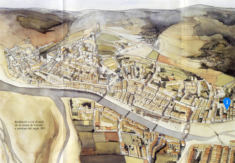 Girona a principis del segle XIV. Placeta i carrer primer d'en Banyoles o de Mora. Del casal d'en Banyoles i de la placeta que hi havia al seu davant sortia un carrer que porta actualmentel nom de carrer dels Vern, i que duia el nom de Banyoles des de 1220 o abans. S'indica amb el n&uacute;mero (1)