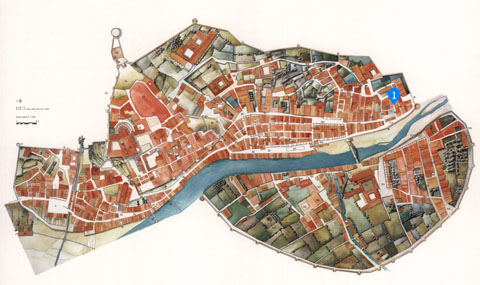 Girona el 1535. Carrer del portal de l'&Agrave;ngel a la Merc&egrave;, actualment carrer dels Vern. S'indica amb el n&uacute;mero (1)