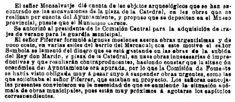 'Diario de Gerona de avisos y not&iacute;cias' 12 maig 1904. Informen que s'han trobat restes arqueol&ograve;giques en les obres de la pla&ccedil;a de la catedral i es queixen dels diners que costen
