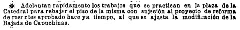 'Diario de Gerona de Avisos y not&iacute;cias' 17 de mar&ccedil; 1904. Prosperen les obres de rebaix del terra de la pla&ccedil;a d'acord amb projecte de reforma de rasants