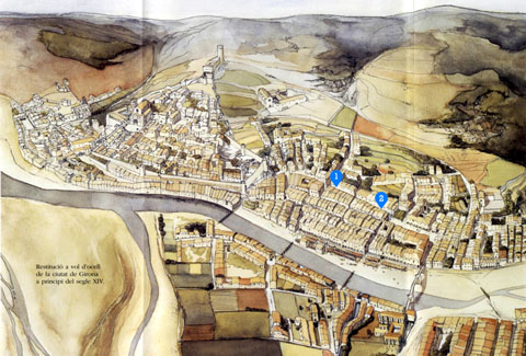 Restituci&oacute; de la ciutat de Girona a principis del segle XIV. S'hi indica (1) Carrer de la Draperia, el tram nord de l'actual carrer dels Ciutadans, i (2) Ferreria Nova, el tram meridional del carrer. Dibuix de Jordi Sagrera