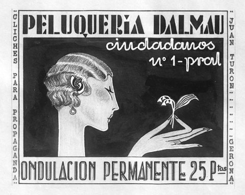 Cartell publicitari de la 'Peluquer&iacute;a Dalmau', al carrer Ciutadans n6uacute;mero 1. 1931
