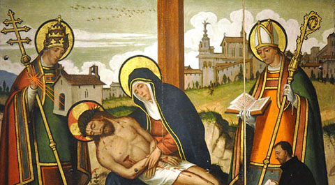 Retaule de Sant Joan Baptista. Detall on s'observa el primer &agrave;ngel coronant el campanar de la Catedral. 1536