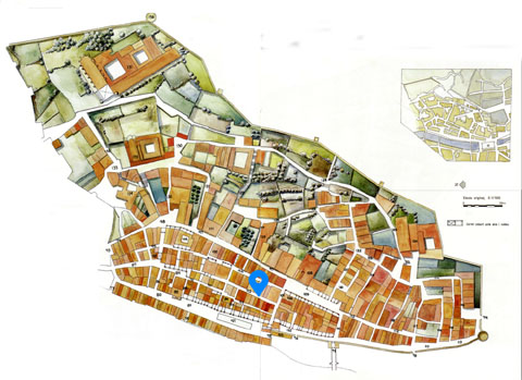 Els barris de l'Areny i la Vilanova de Girona el 1535. S'hi indica la situaci&oacute; del carrer Mercaders