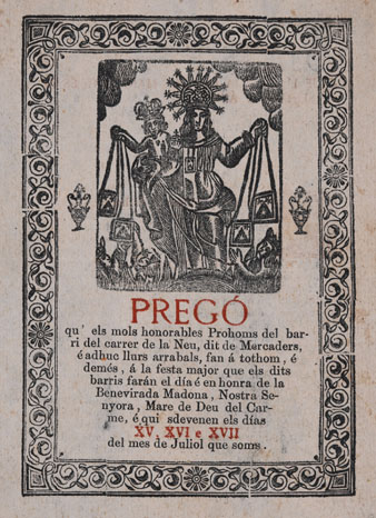 Portada del preg&oacute; de festes de la Mare de D&eacute;u del Carme del carrer Mercaders de Girona durant els dies 15, 16 i 17 de juliol de 1906