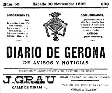 Anunci publicat al 'Diario de Gerona de avisos y not&iacute;cias' el 30/11/1889