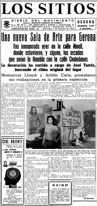 Not&iacute;cia de  la inauguraci&oacute; de la Sala d'Art 'La G&agrave;bia' al diari Los Sitios de Gerona. 7/10/1970