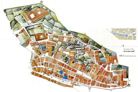 Pl&agrave;nol de l'Areny i la Vilanova, el sector meridional de la ciutat vella, entre la muntanya de les Pedreres i el riu Onyar, el 1535. S'hi indica: 1- Carnisserla de l'Ovella. Anomenada, tamb&eacute;, de la Boqueria, documentada ja des de principis del segle XIII (1206), actual carrer de les Peixateries Velles. 2-  Carrer de la carnisseria de l'Ovella. Travessia que anava a la pla&ccedil;a de les Cols, actual carrer de les Olles