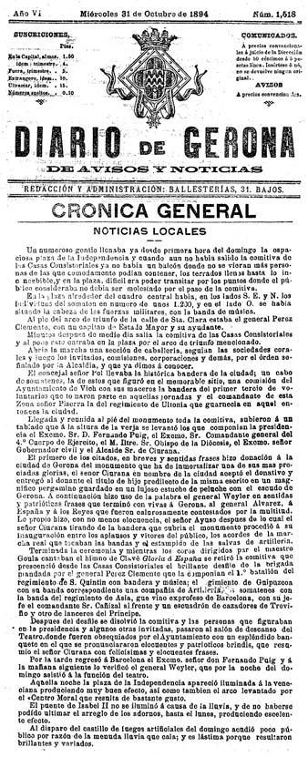 Inauguraci&oacute; del monument als defensors de Girona. Article del 'Diario de Gerona de Avisos y Not&iacute;cias' del 31/10/1894