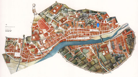 Girona el 1535. S'hi assenyala: 1) carrer d'en Bell-lloc, actual pla&ccedil;a Bell-lloc