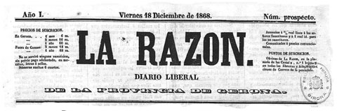 Cap&ccedil;alera del diari liberal 'La Raz&oacute;n' (1868-1869), que va tenir l'administraci&oacute; als baixos del n&uacute;mero 1 de la pla&ccedil;a de les Castanyes
