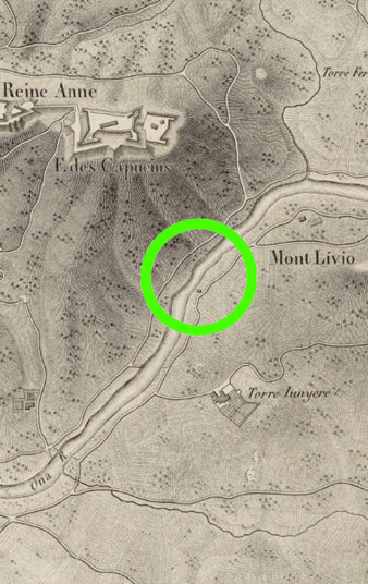 Pl&agrave;nols de Girona de 1823. La ubicaci&oacute; del pont est&agrave; encerclada