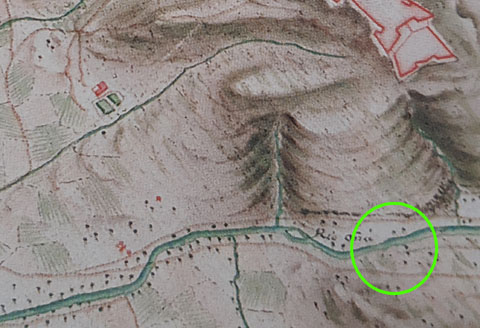 Pl&agrave;nols de Girona de 1712. Els camins que porten a la ubicaci&oacute; del pont estan encerclats