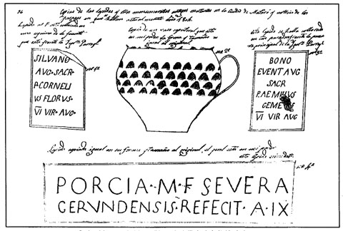 P&agrave;gina del manuscrit de J. Rius amb el dibuix de la l&agrave;pida