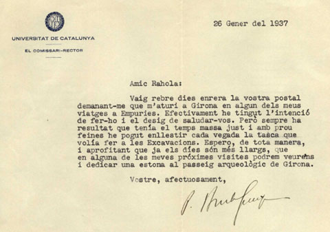 Carta de Pere Bosch Gimpera a Carles Rahola Llorens sobre la idea d'un Passeig Arqueol&ograve;gic. 1937
