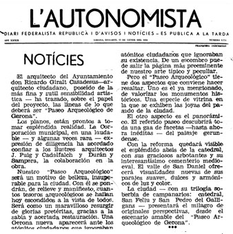 Not&iacute;cia sobre el projecte del Passeig Arqueol&ograve;gic publicat al diari 'L'Autonomista' el 25/1/1936