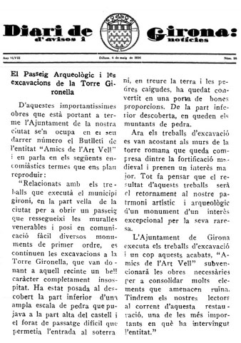 Not&iacute;cia sobre els treballs del Passeig Arqueol&ograve;gic publicat al 'Diari de Girona d'avisos i not&iacute;cies' el 4/5/1936