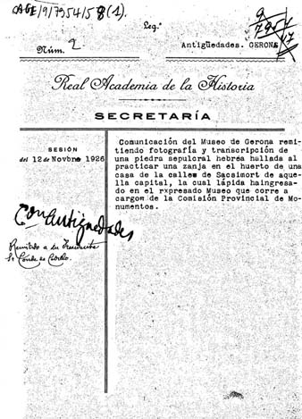 Expedient d'informaci&oacute; de la troballa de la l&agrave;pida hebrea a la Real Academia de la Historia