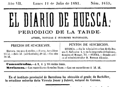 El 'Diario de Huesca' de l'11 de juliol de 1881 es va fer ress&ograve; de la obtenci&oacute; del grau de Batxiller per Vicenta Janer