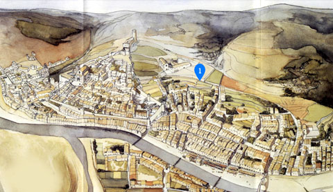 Girona, 1285-1360. S'hi indica el carrer de la Polleria de St. Mart&iacute;, un tram de l'actual carrer del Portal Nou