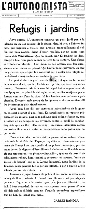 Article de Carles Rahola publicat al n&uacute;mero 10.392 del diari 'L'Autonomista' del 8/2/1938