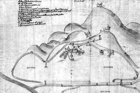 Pl&agrave;nol de Joan Cisterna (segle XVI o XVII), que detalla el subministrament d�aigua des de la mina del Calvari fins a les fonts de la pla&ccedil;a dels Lledoners i de la Mare de D&eacute;u de la Pera