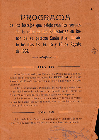 Programa de festes dels ve&iuml;ns del carrer Ballesteries en honor a la seva patrona Santa Anna durant els dies 13, 14, 15 i 16 d'agost del 1904