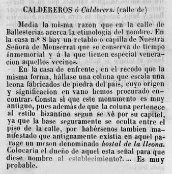 La descripci&oacute; del carrer feta per Enric Claudi Girbal, esmentada per J. Marqu&egrave;s