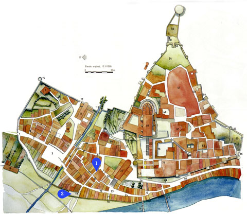 El sector nord-est de la ciutat de Girona el 1535. S'hi destaca: 1) Carrer de Sant Narc&iacute;s. 2) Portal del cam&iacute; del balaurd