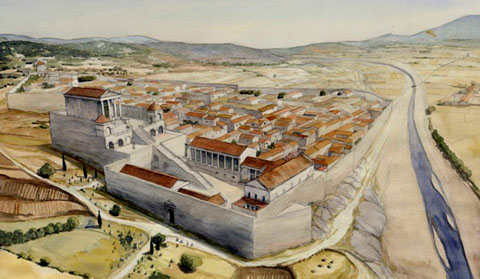 Reconstrucci&oacute; ideal de la ciutat de Gerunda vista des del nord-est, amb el f&ograve;rum en primer terme