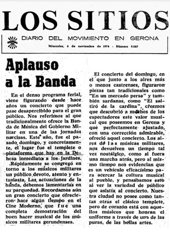 Article sobre l'actuaci&oacute; de la banda del Govern Militar al Temple dels M&uacute;sics. 1974