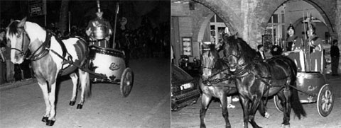 El carro rom&agrave;, ara propietat dels Manaies de Banyoles, amb un i dos cavalls. Anys 1980 i 1998