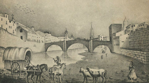 Vista del riu Onyar amb el pont de Sant Francesc a la part central i la torre hom&ograve;nima. A l'esquerra del riu, el campanar de les Bernardes i el de Santa Clara. A la dreta, el de Sant Feliu, la torre de Sant Francesc i la Catedral. Tamb&eacute; s'observa la muralla del riu