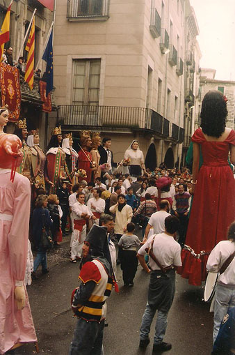 Gegants a la pla&ccedil;a del Vi, amb motiu del bateig d'en Narc&iacute;s Bomber. En primer terme, el Tarl&agrave; i, a la dreta, la Musa d'en Cugat, d'esquena
