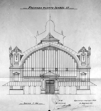 Pl&agrave;nol de la fa&ccedil;ana del mercat municipal,  vista des del pont d'Isabel II, elaborat per l'arquitecte Maggioni. 1929