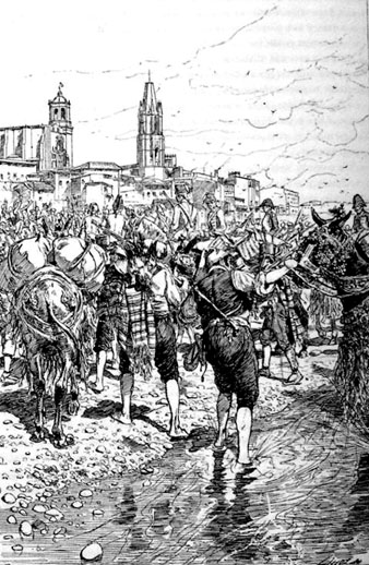 Arribada a Girona del comboi de socors que entr&agrave; a la ciutat l'1 de setembre de 1809, durant la Guerra del Franc&egrave;s. Gravat de 1883