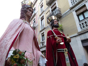 Fires 2015. Cercavila d'inici de Fires amb Fal&middot;lera Gironina, els gegants de Santa Eug&egrave;nia, els gegants de l'Esquerra del Ter, la Mula Baba i la Girona Marxing Band