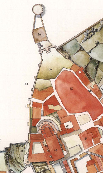 Girona l'any 1535. Amb el n&uacute;mero 52 s'indica el portal de Sant Crist&ograve;fol i amb el 53 la capella del sant