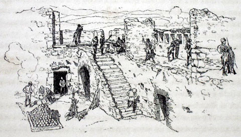 Els artillers del fort de San Crist&ograve;fol obrint foc d'artilleria contra els francesos. Gravat 1883