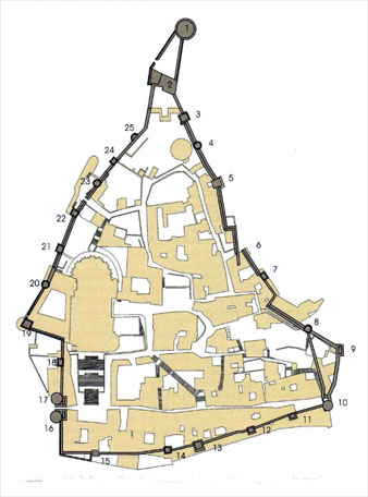 Planta actual de la For&ccedi;a Vella amb la numeraci� de les torres conegudes de la muralla