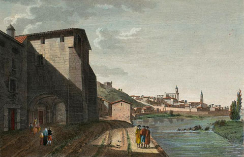 Vista de Girona des del barri de Pedret, amb l'arcada de l'esgl&eacute;sia del Pilar en primer terme. A la dreta, el riu Ter. Al fons s'observa la torre de Sant Joan, la muralla de Sant Pere i el portal de Fran&ccedil;a, la Catedral i l'esgl&eacute;sia de Sant Feliu. 1806