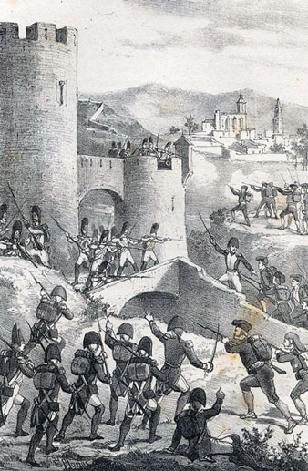 Assalt de les tropes franceses a la torre de Sant Llu&iacute;s, a la muntanya de Montju&iuml;c, produ&iuml;t durant els setges de la Guerra del Franc&egrave;s, anys 1808-1809. Al fons, la Catedral i l'esgl&eacute;sia de Sant Feliu. 1861