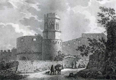 El monestir de Sant Pere de Galligants i el portal de Sant Pere o Sant Daniel, amb el tambor. S'observa la torre octogonal del campanar amb els merlets malmenats possiblement a causa dels atacs produ�ts als setges de la Guerra del Franc&egrave;s a la ciutat de Girona. 1824