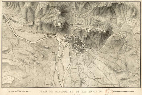 Plan de Gironne et de ses environs.Dessin&eacute; et lithographi&eacute; par L.A. Paulmier, segle XIX