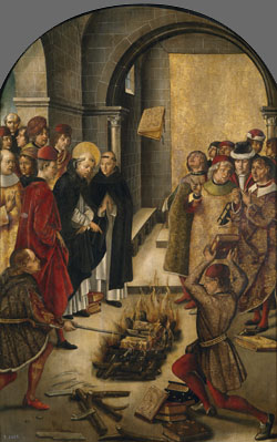Disputa entre Sant Dom&egrave;nec i els albigesos. Pintura de Pedro Berruguete