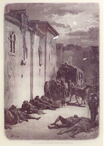 Dilig&egrave;ncia de nit entre Girona i Perpiny&agrave;. Gravat de Gustave Dor&eacute;, 1870