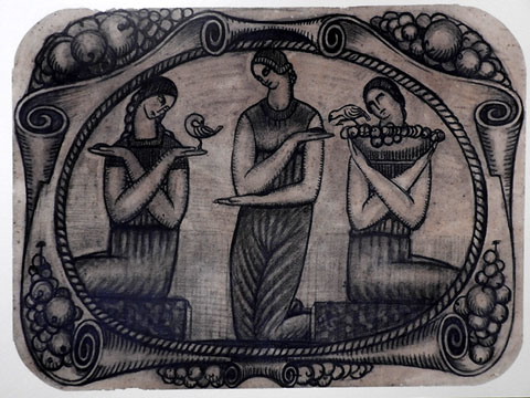 Composici&oacute; amb tres figures femenines. Ca. 1916. Carb&oacute; sobre paper. Col&middot;lecci&oacute; Cristina Arxer, Figueres