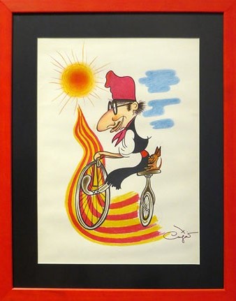 Ciclista. Caricatura model inacabat. Cugat la va fer servir de refer&egrave;ncia per dibuixar el cartell de la Volta Ciclista a Catalunya i per altres caricatures. Al costat de les rodes, les orelles del Xiuaua i uns n&uacute;, s'hi veu en ll&agrave;pis una altra posici&oacute; preparada