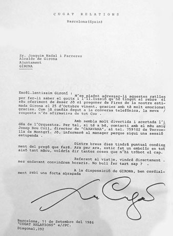 Carta d'agra&iuml;ment de Cugat a l'Ajuntament de Girona per haver-lo nomenat pregoner de les Fires de Sant Narc&iacute;s de 1986
