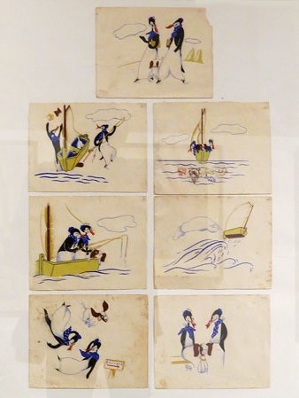 Dibuixos animats: dos ping&uuml;ins i un gos. 1938. 7 dibuixos de 15 x 19 cm